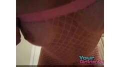 Horny brunette on fishnet hot pussy show on cam Thumb